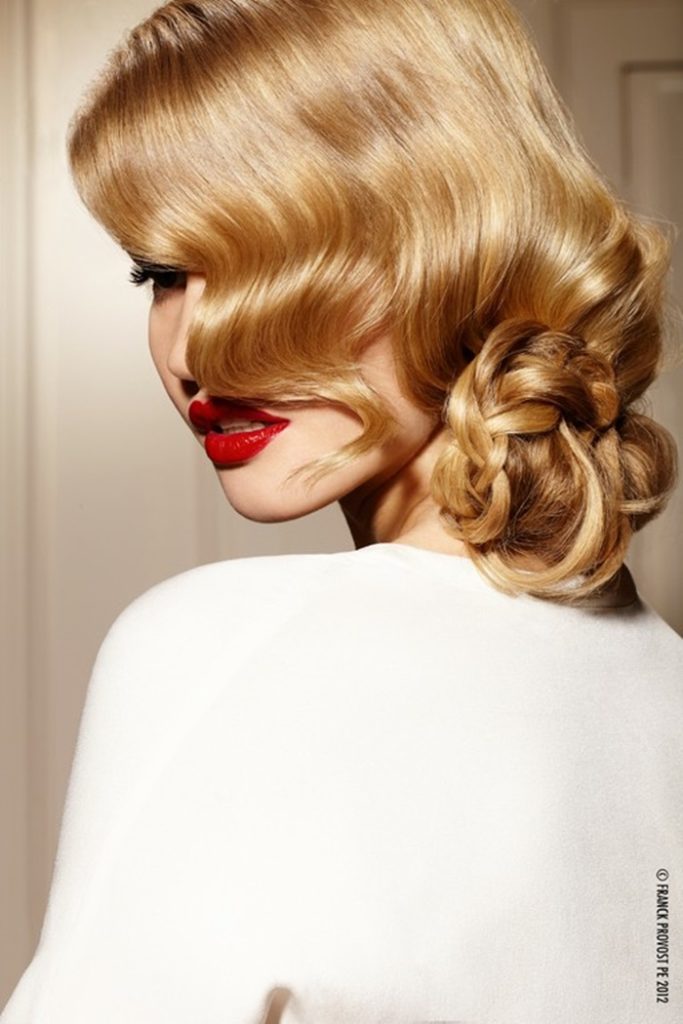 elegant blond retro updo, side chignon, bun