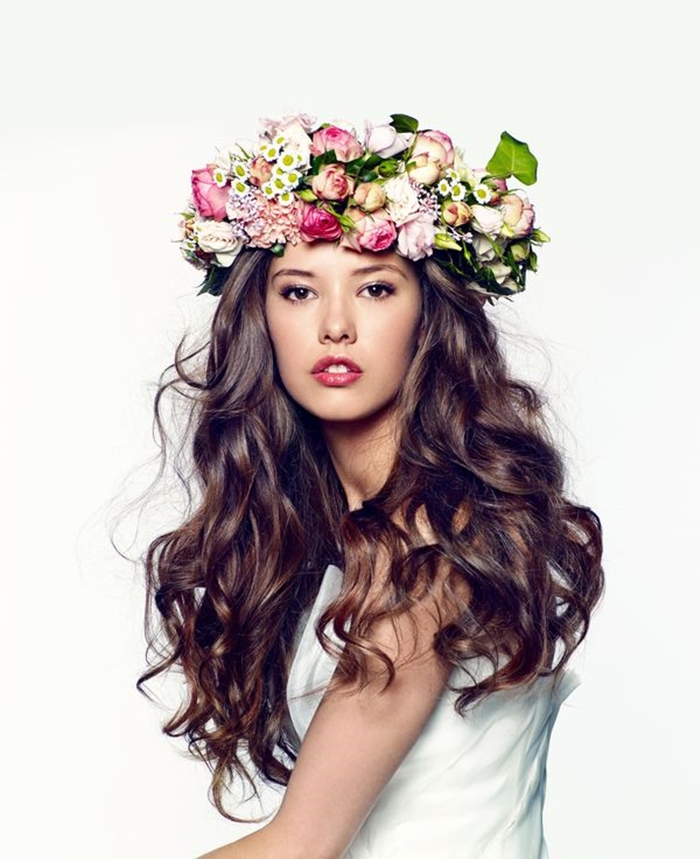 long culrs, waves bridal hairstyle with garland, flowers