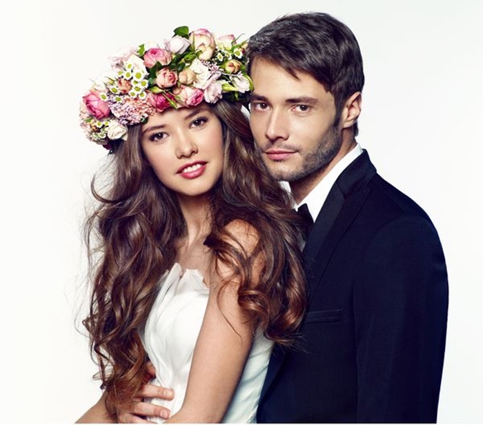 couple hairstyles, bridal with flowers, garland